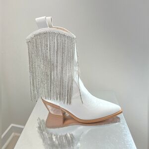 Sequin Fringe Western Boot, White Size 7